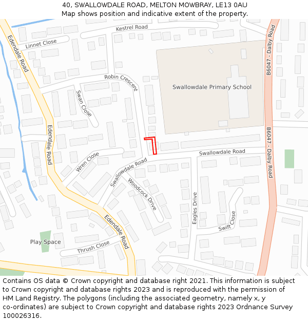 40, SWALLOWDALE ROAD, MELTON MOWBRAY, LE13 0AU: Location map and indicative extent of plot