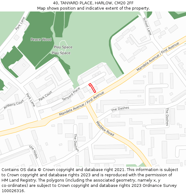 40, TANYARD PLACE, HARLOW, CM20 2FF: Location map and indicative extent of plot