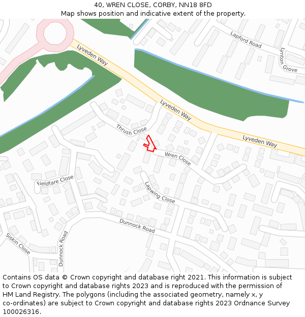 40, WREN CLOSE, CORBY, NN18 8FD: Location map and indicative extent of plot