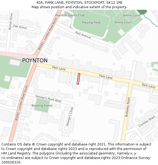 40A, PARK LANE, POYNTON, STOCKPORT, SK12 1RE: Location map and indicative extent of plot