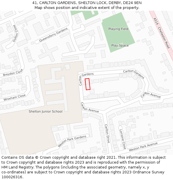 41, CARLTON GARDENS, SHELTON LOCK, DERBY, DE24 9EN: Location map and indicative extent of plot