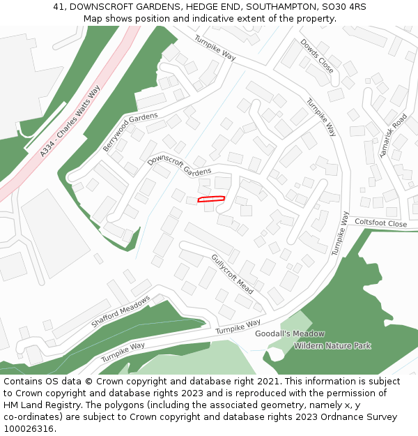 41, DOWNSCROFT GARDENS, HEDGE END, SOUTHAMPTON, SO30 4RS: Location map and indicative extent of plot