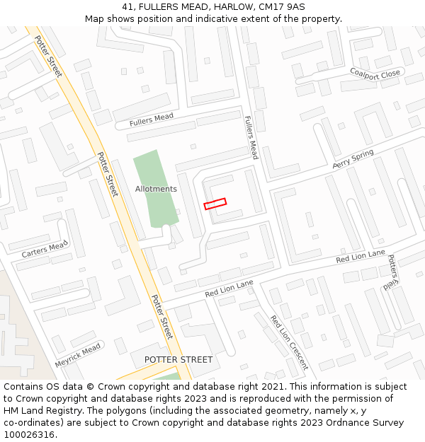 41, FULLERS MEAD, HARLOW, CM17 9AS: Location map and indicative extent of plot
