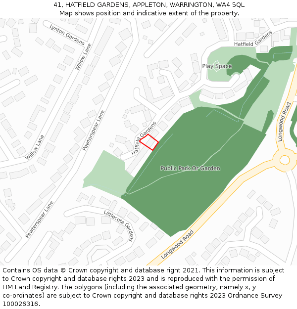 41, HATFIELD GARDENS, APPLETON, WARRINGTON, WA4 5QL: Location map and indicative extent of plot