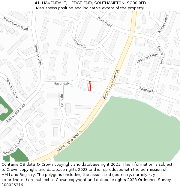 41, HAVENDALE, HEDGE END, SOUTHAMPTON, SO30 0FD: Location map and indicative extent of plot