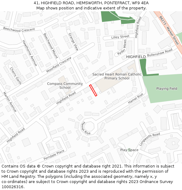 41, HIGHFIELD ROAD, HEMSWORTH, PONTEFRACT, WF9 4EA: Location map and indicative extent of plot