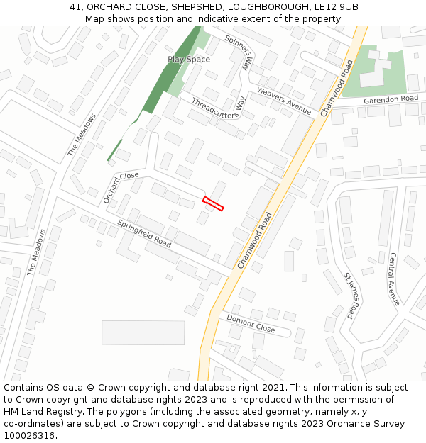 41, ORCHARD CLOSE, SHEPSHED, LOUGHBOROUGH, LE12 9UB: Location map and indicative extent of plot