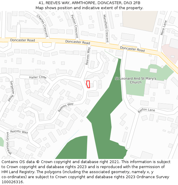 41, REEVES WAY, ARMTHORPE, DONCASTER, DN3 2FB: Location map and indicative extent of plot