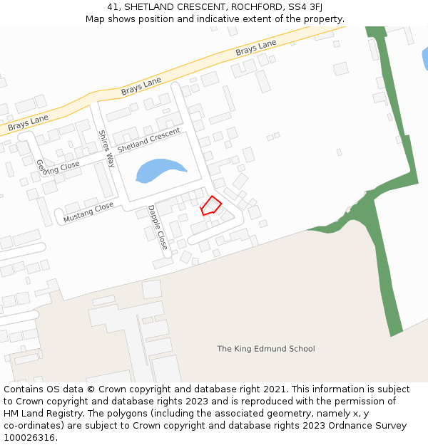 41, SHETLAND CRESCENT, ROCHFORD, SS4 3FJ: Location map and indicative extent of plot