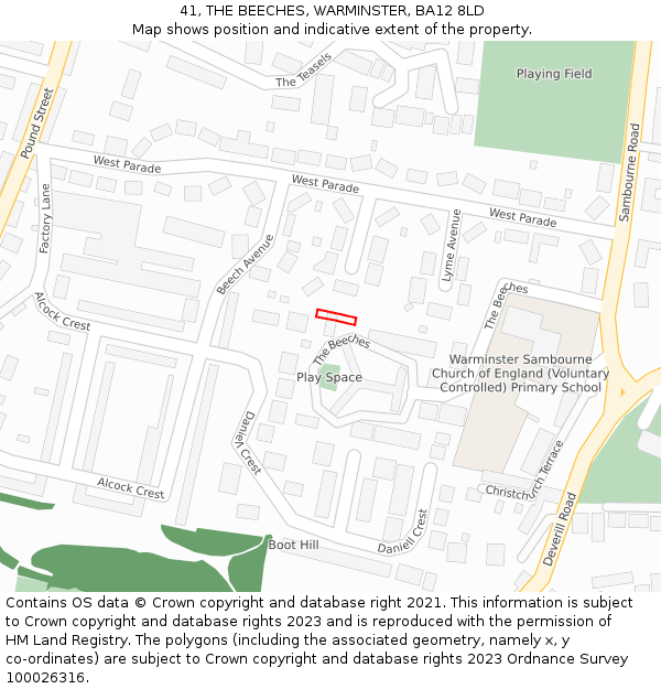 41, THE BEECHES, WARMINSTER, BA12 8LD: Location map and indicative extent of plot