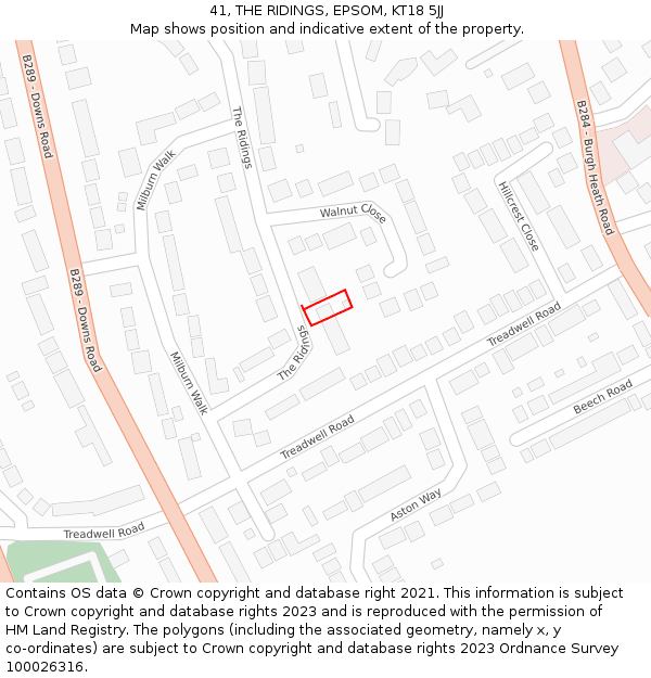 41, THE RIDINGS, EPSOM, KT18 5JJ: Location map and indicative extent of plot