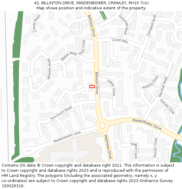 42, BILLINTON DRIVE, MAIDENBOWER, CRAWLEY, RH10 7UU: Location map and indicative extent of plot