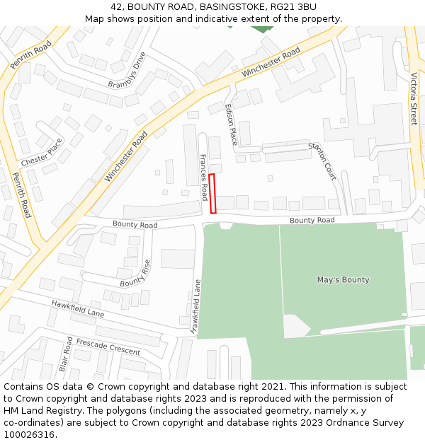 42, BOUNTY ROAD, BASINGSTOKE, RG21 3BU: Location map and indicative extent of plot