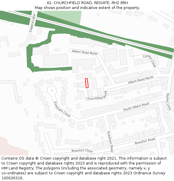 42, CHURCHFIELD ROAD, REIGATE, RH2 9RH: Location map and indicative extent of plot