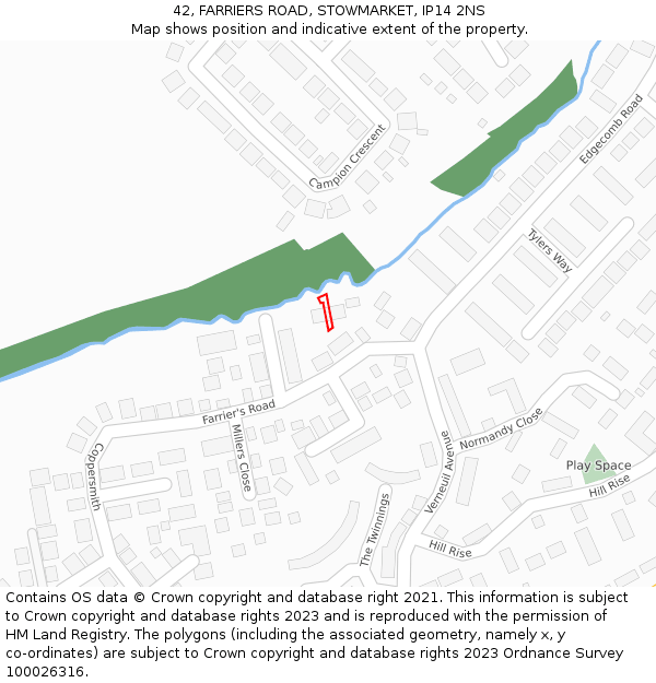 42, FARRIERS ROAD, STOWMARKET, IP14 2NS: Location map and indicative extent of plot