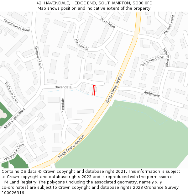 42, HAVENDALE, HEDGE END, SOUTHAMPTON, SO30 0FD: Location map and indicative extent of plot