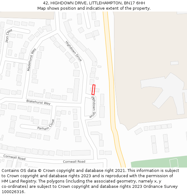42, HIGHDOWN DRIVE, LITTLEHAMPTON, BN17 6HH: Location map and indicative extent of plot
