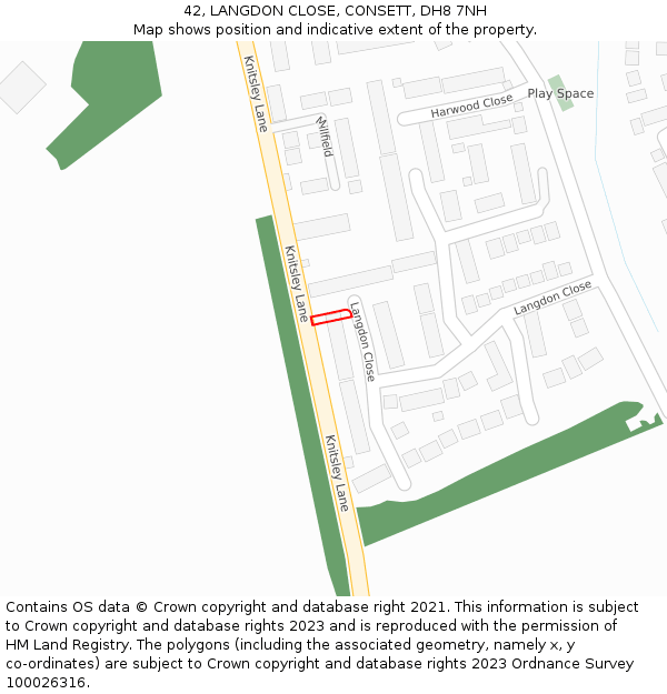 42, LANGDON CLOSE, CONSETT, DH8 7NH: Location map and indicative extent of plot