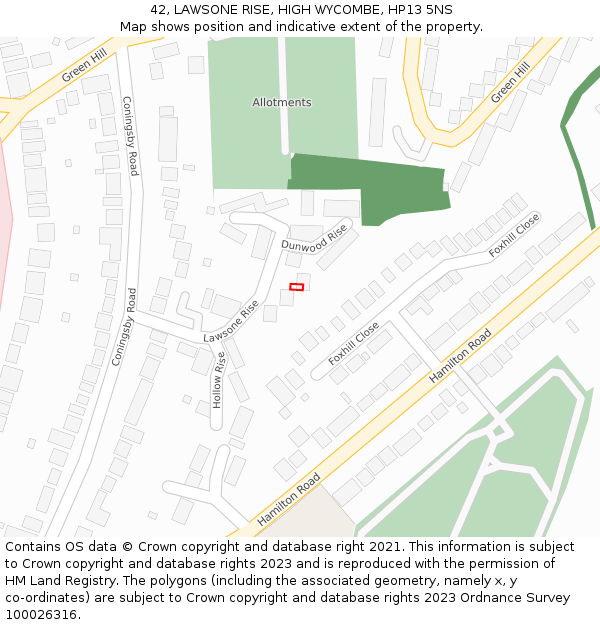 42, LAWSONE RISE, HIGH WYCOMBE, HP13 5NS: Location map and indicative extent of plot
