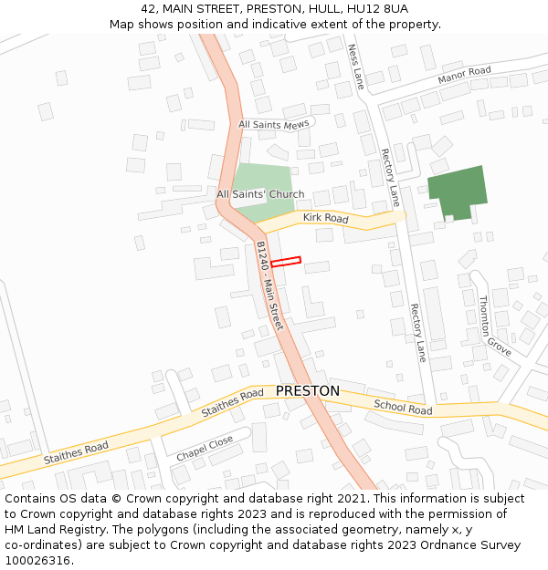 42, MAIN STREET, PRESTON, HULL, HU12 8UA: Location map and indicative extent of plot