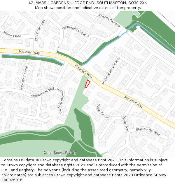 42, MARSH GARDENS, HEDGE END, SOUTHAMPTON, SO30 2XN: Location map and indicative extent of plot