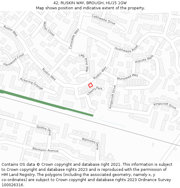 42, RUSKIN WAY, BROUGH, HU15 1GW: Location map and indicative extent of plot