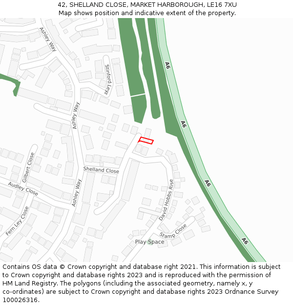 42, SHELLAND CLOSE, MARKET HARBOROUGH, LE16 7XU: Location map and indicative extent of plot