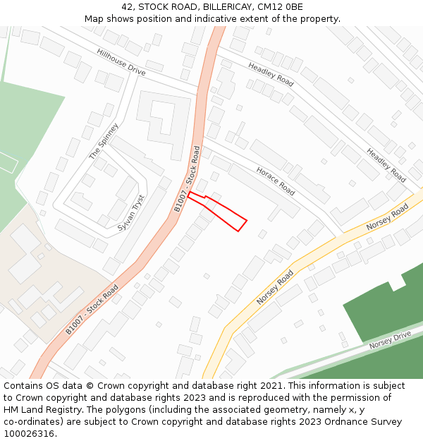 42, STOCK ROAD, BILLERICAY, CM12 0BE: Location map and indicative extent of plot