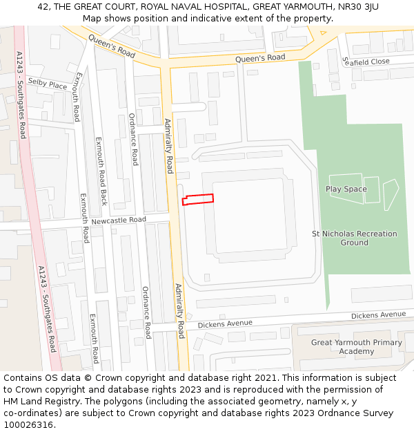 42, THE GREAT COURT, ROYAL NAVAL HOSPITAL, GREAT YARMOUTH, NR30 3JU: Location map and indicative extent of plot