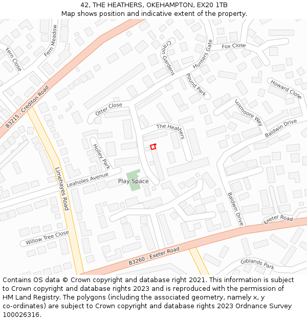 42, THE HEATHERS, OKEHAMPTON, EX20 1TB: Location map and indicative extent of plot