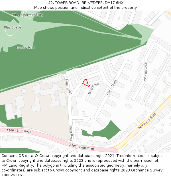 42, TOWER ROAD, BELVEDERE, DA17 6HX: Location map and indicative extent of plot
