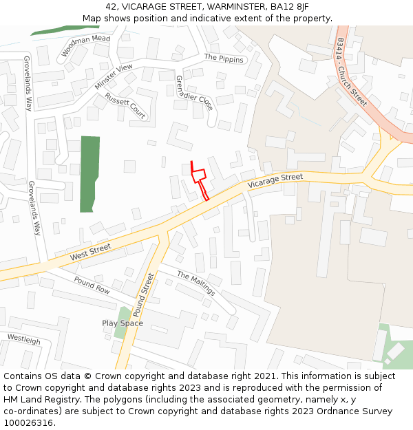 42, VICARAGE STREET, WARMINSTER, BA12 8JF: Location map and indicative extent of plot