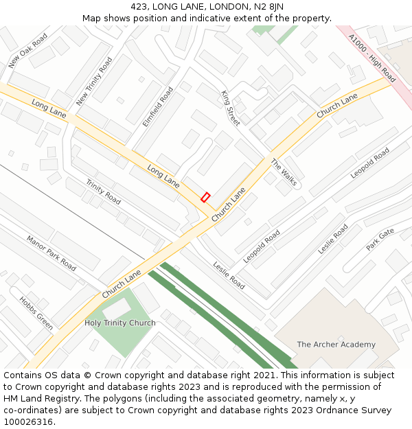 423, LONG LANE, LONDON, N2 8JN: Location map and indicative extent of plot