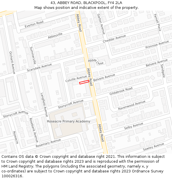 43, ABBEY ROAD, BLACKPOOL, FY4 2LA: Location map and indicative extent of plot