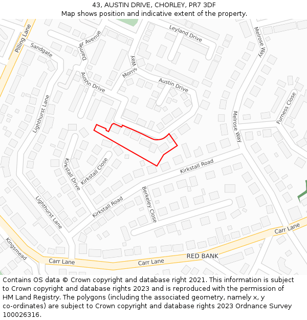 43, AUSTIN DRIVE, CHORLEY, PR7 3DF: Location map and indicative extent of plot