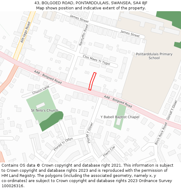 43, BOLGOED ROAD, PONTARDDULAIS, SWANSEA, SA4 8JF: Location map and indicative extent of plot