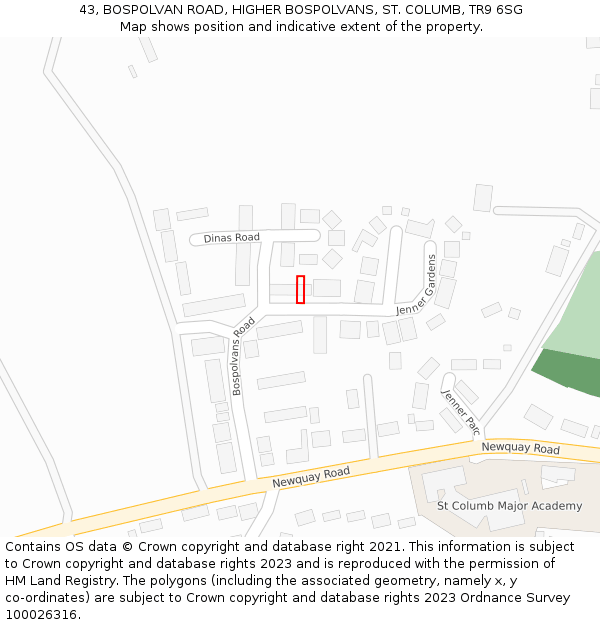 43, BOSPOLVAN ROAD, HIGHER BOSPOLVANS, ST. COLUMB, TR9 6SG: Location map and indicative extent of plot