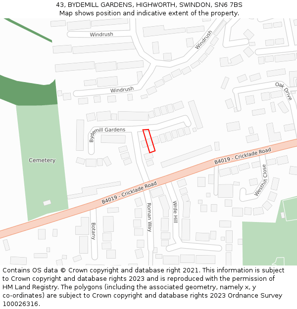 43, BYDEMILL GARDENS, HIGHWORTH, SWINDON, SN6 7BS: Location map and indicative extent of plot