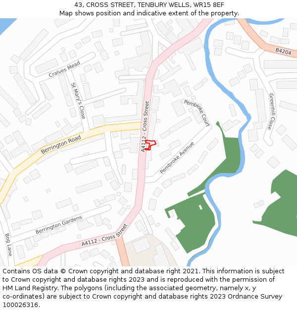 43, CROSS STREET, TENBURY WELLS, WR15 8EF: Location map and indicative extent of plot