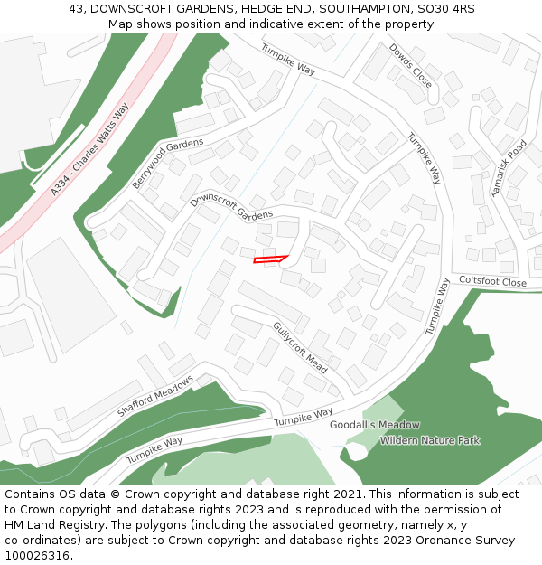 43, DOWNSCROFT GARDENS, HEDGE END, SOUTHAMPTON, SO30 4RS: Location map and indicative extent of plot