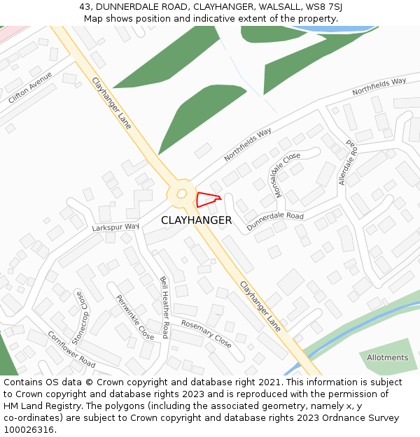 43, DUNNERDALE ROAD, CLAYHANGER, WALSALL, WS8 7SJ: Location map and indicative extent of plot