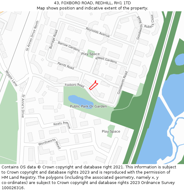 43, FOXBORO ROAD, REDHILL, RH1 1TD: Location map and indicative extent of plot