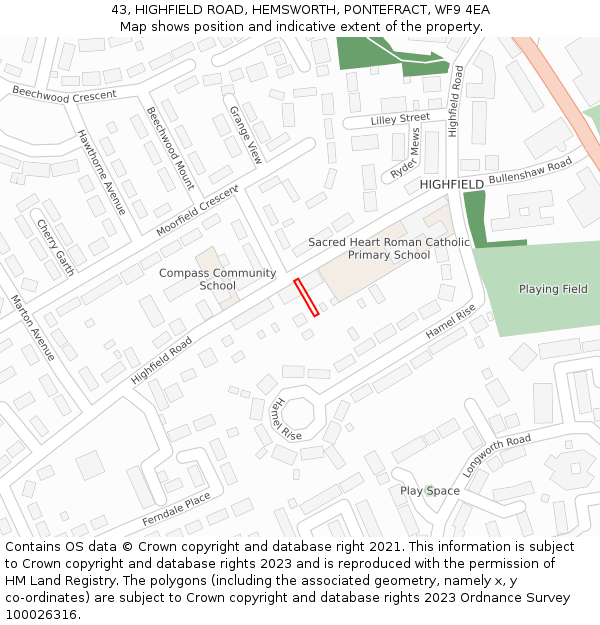 43, HIGHFIELD ROAD, HEMSWORTH, PONTEFRACT, WF9 4EA: Location map and indicative extent of plot