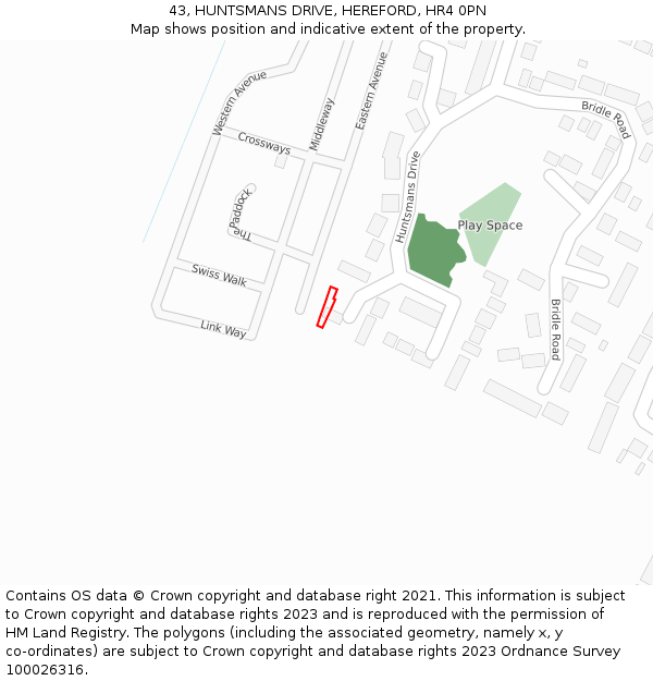 43, HUNTSMANS DRIVE, HEREFORD, HR4 0PN: Location map and indicative extent of plot