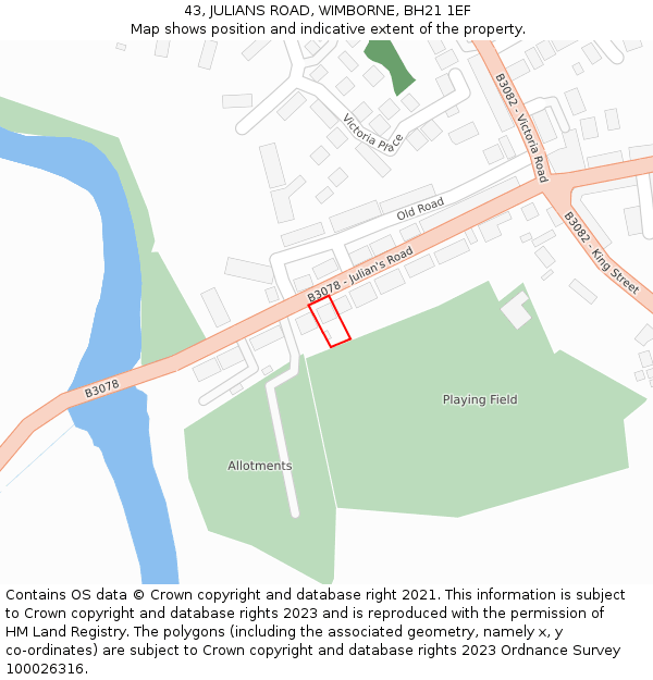 43, JULIANS ROAD, WIMBORNE, BH21 1EF: Location map and indicative extent of plot