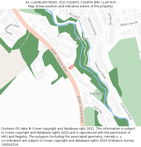 43, LLANELIAN ROAD, OLD COLWYN, COLWYN BAY, LL29 9UH: Location map and indicative extent of plot