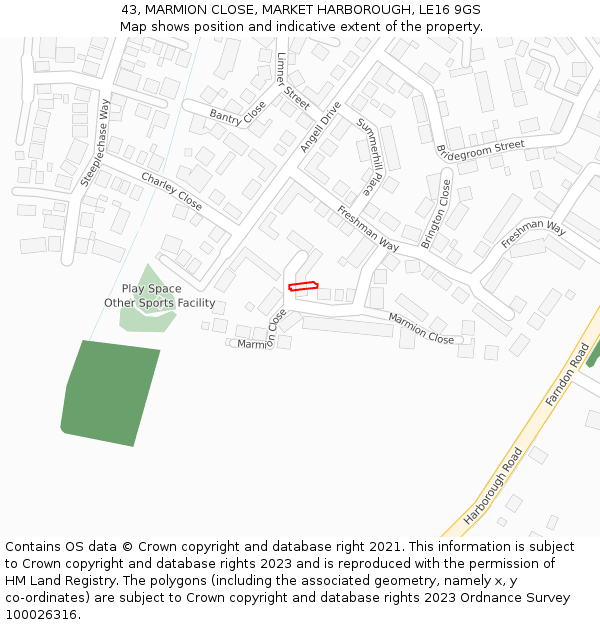 43, MARMION CLOSE, MARKET HARBOROUGH, LE16 9GS: Location map and indicative extent of plot