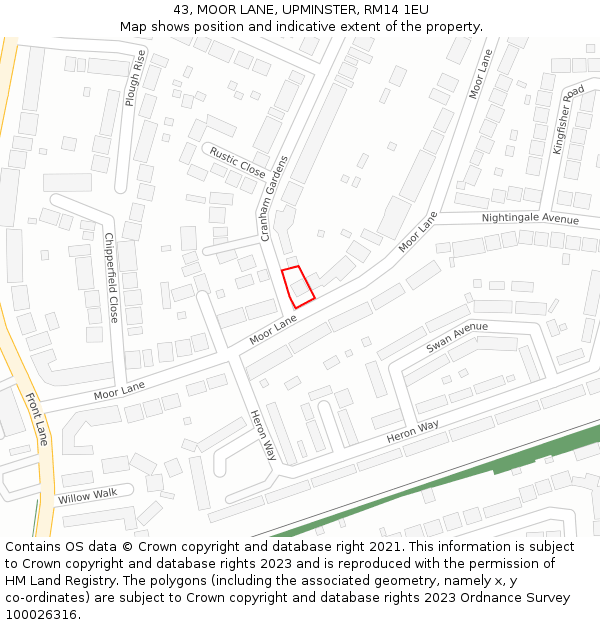 43, MOOR LANE, UPMINSTER, RM14 1EU: Location map and indicative extent of plot