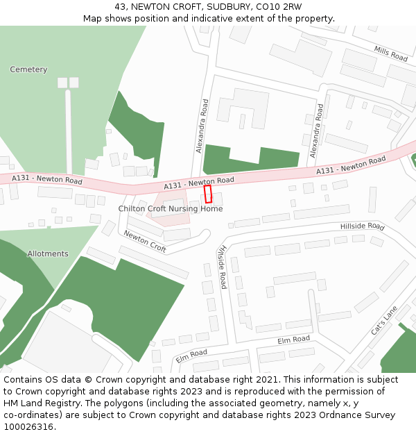 43, NEWTON CROFT, SUDBURY, CO10 2RW: Location map and indicative extent of plot