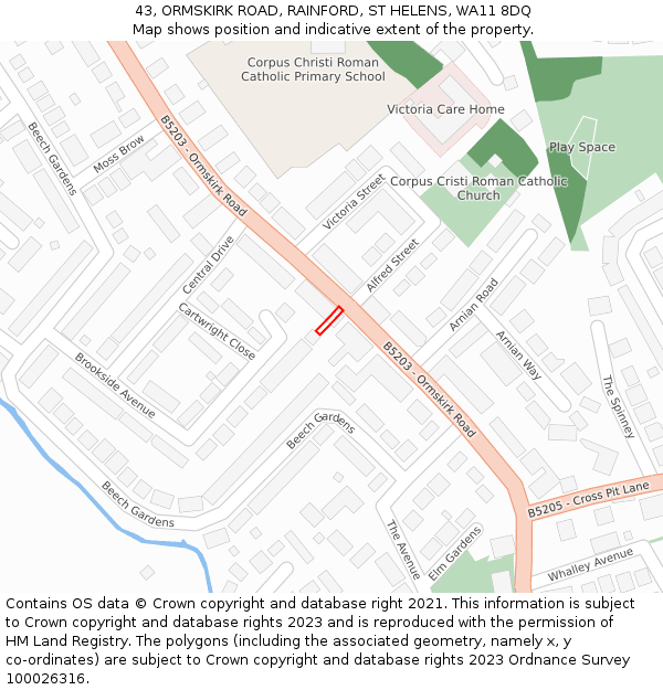 43, ORMSKIRK ROAD, RAINFORD, ST HELENS, WA11 8DQ: Location map and indicative extent of plot